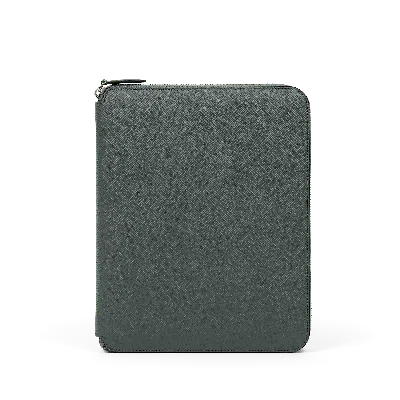 Smythson A5 Writing Folder With Zip In Panama In Slate Green