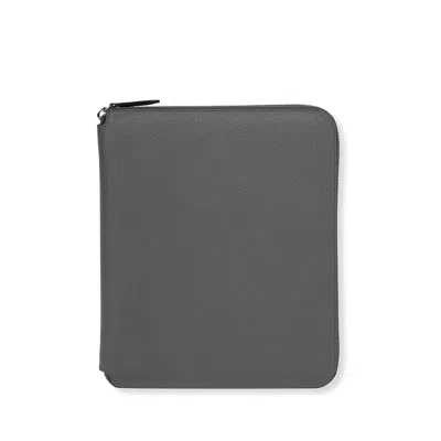 Smythson A5 Writing Folder With Zip In Panama In Storm Grey