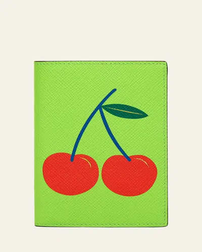 Smythson Cherry Charm Passport Cover In Panama Leather In Apple Green