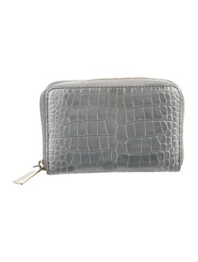 Pre-owned Smythson Leather Animal Print Compact Wallet In Silver