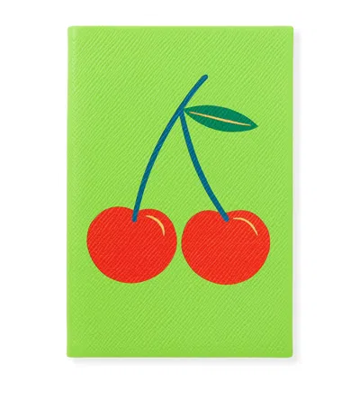 Smythson Chelsea Charm Cherry Notebook In Panama In Apple Green