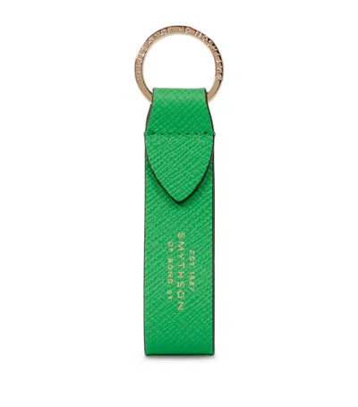 Smythson Keyring With Leather Strap In Panama In Bright Emerald