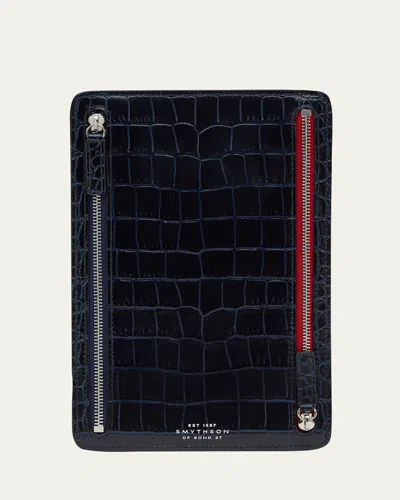 Smythson Mara Croc-embossed Leather Multi-zip Currency Case In Black