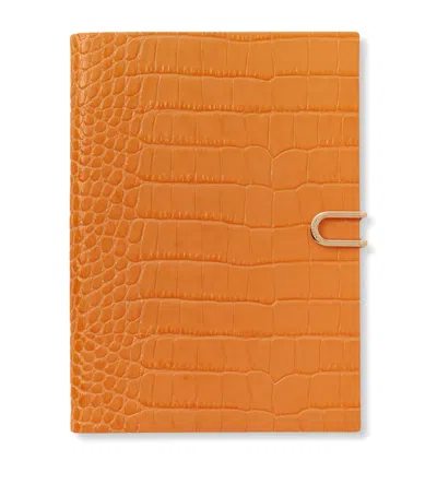 Smythson Mara Leather Croc-embossed Soho Notebook In Orange