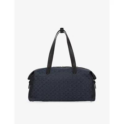 Smythson Mens Navy Monogram-stamp Small Canvas Travel Bag In Blue