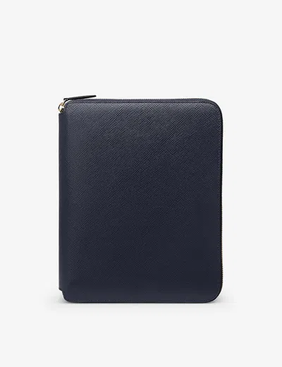 Smythson Panama Zipped Leather A5 Writing Folder 24cm X 19.5cm In Navy