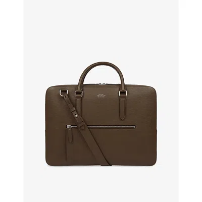Smythson Mens Dark Olive Ludlow Slim Leather Briefcase In Green
