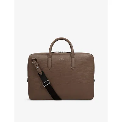Smythson Mens Fawn Panama Slim Leather Briefcase In Brown