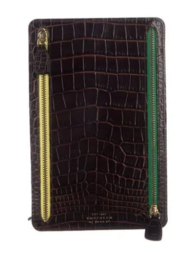 Pre-owned Smythson Multi-zipper Embossed Leather Travel Wallet In Brown