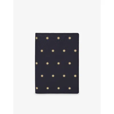 Smythson Navy Grained Leather Passport Cover In Blue