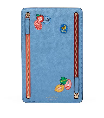 Smythson Panama Leather Stickers Multi-zip Travel Wallet In Blue