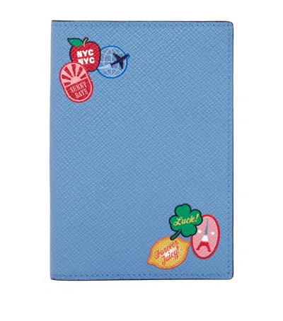 Smythson Panama Leather Stickers Passport Cover In Blue