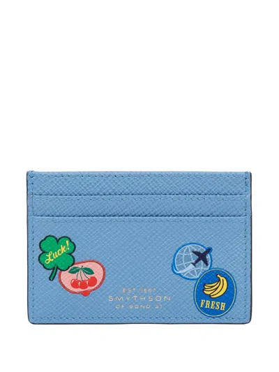 Smythson Panama Sticker Leather Cardholder In Blue
