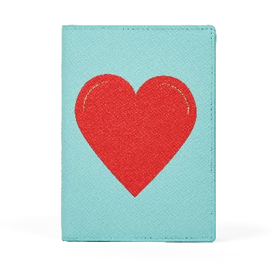 Smythson Passport Heart Charm Cover In Panama In Bright Aqua