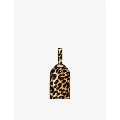 Smythson Sandstone Panama Leopard Leather Luggage Tag In Brown