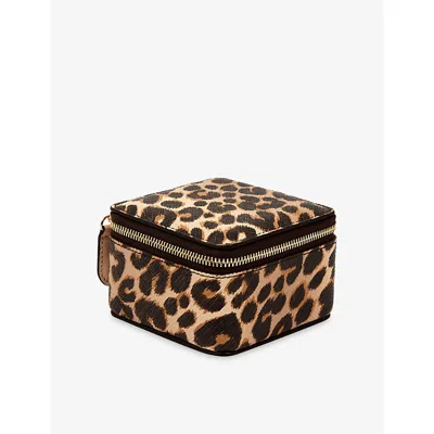 Smythson Sandstone Panama Leopard Medium Leather Trinket Case In Brown