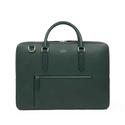 Smythson Slim Briefcase With Zip Front In Ludlow In Bottle Green