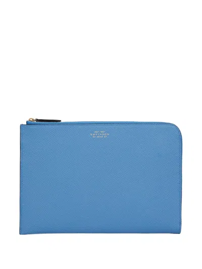 Smythson Mens Panama Leather Slim Pouch Nile Blue