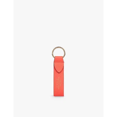 Smythson Womens Bright Coral Panama Grained Leather Keyring In Bright Coral