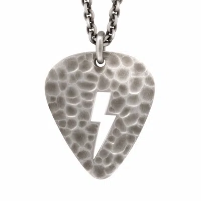 SNAKE BONES MEN'S SILVER LIGHTNING BOLT PLECTRUM GUITAR PICK PENDANT WITH HAMMERED FINISH 