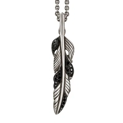 Snake Bones Women's Silver Feather Pendant With Black Diamonds In Metallic