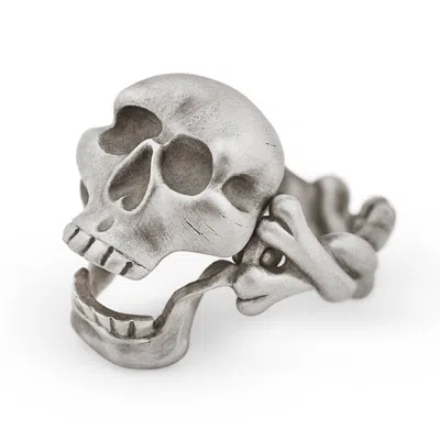 Snake Bones Women's Silver Skull & Crossbones Ring With Hinged Jaw In Metallic