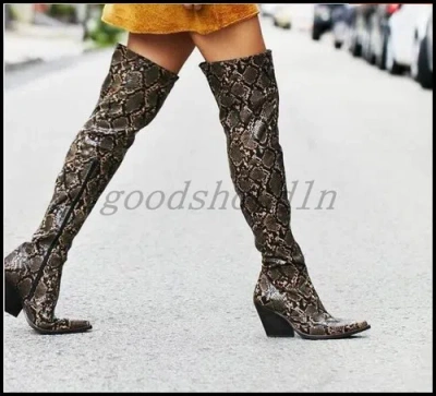 Pre-owned Snakeskin Womens  Western Pointed Toe Shoes Block Heel Cowboy Zip Over Knee Boots