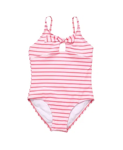 Snapper Rock Kids' Unisex Coral Stripe Sustainable Bow Swimsuit In Pink