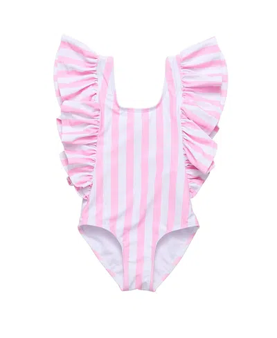 Snapper Rock Kids' Unisex Pink Stripe Wide Frill Swimsuit