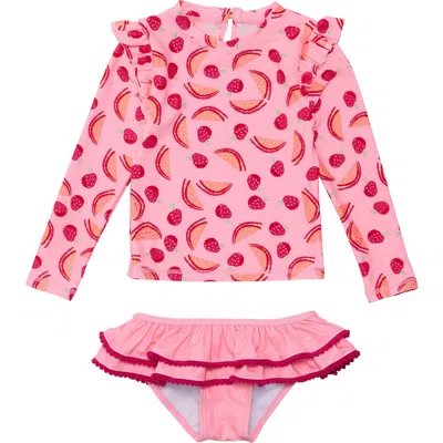 Snapper Rock Kids' Berry Sweet Long Sleeve Two-piece Rashguard Swimsuit In Pink