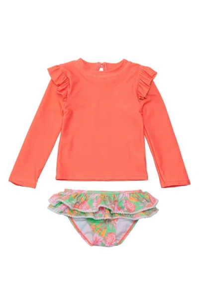 Snapper Rock Kids' Coastal Shells Ruffle Long Sleeve Two-piece Rashguard Swimsuit In Orange