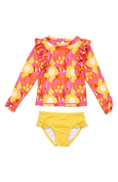 Snapper Rock Kids' Pop Of Sunshine Long Sleeve Two-piece Rashguard Swimsuit In Red