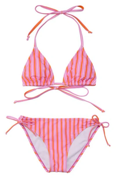 Snapper Rock Stripy Sunset Sustainable Triangle Bikini - Big Kid In Pink