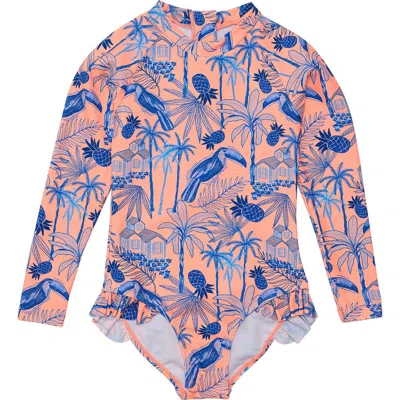 Snapper Rock Kids' Tropicana Vacay Long Sleeve One-piece Rasguard Swimsuit In Orange/blue