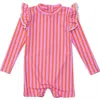 Snapper Rock Stripy Sunset Long Sleeve One-piece Rashguard Swimsuit In Pink