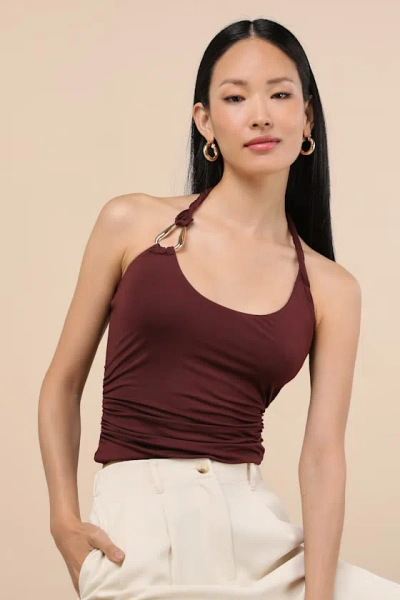 Sndys Ash Burgundy Jersey Knit Ruched Twisted Halter Top