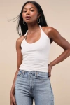 Sndys Ash White Jersey Knit Ruched Twisted Halter Top