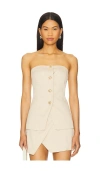 Sndys Linen Look Bandeau Gold Button Slit Front Tie Back Vest In Cream