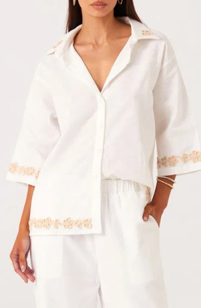 Sndys Ines 2.0 Embroidered Trim Linen & Cotton Blend Button-up Shirt In White