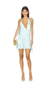 Sndys Rosita Mint Blue Satin Beaded Asymmetrical Halter Mini Dress In Baby Blue
