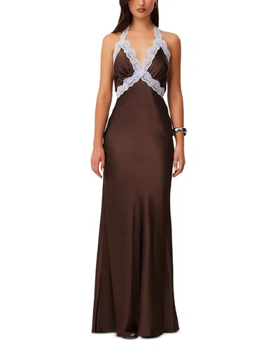 Sndys Satin Contrast Lace Halterneck Maxi Dress In Brown