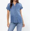 Sneak Peek Cuffed Sleeve Tencel Button Up Shirt In Dark Denim In Blue