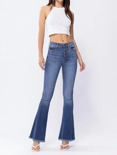 Sneak Peek Frayed Hem Bell Bottoms In Medium Wash In Blue