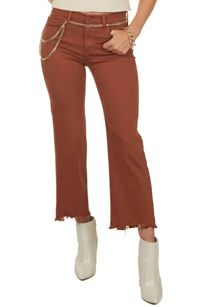 Sneak Peek Mid Rise Straight Frayed Hem Jeans In Rust In Brown