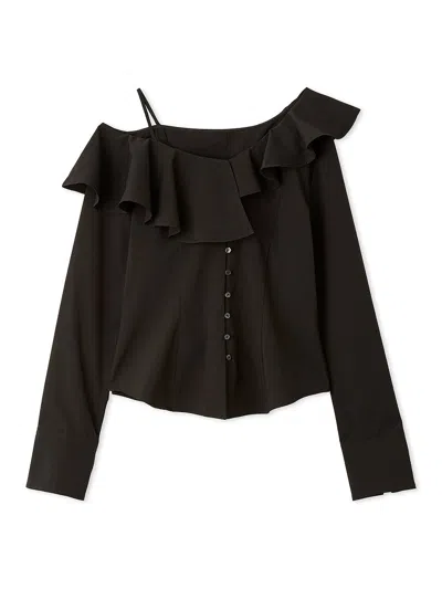 Snidel Asymmetric Off-shoulder Ruffled Blouse In Black