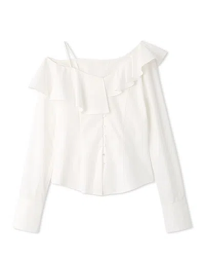 Snidel Asymmetric Off-shoulder Ruffled Blouse In White