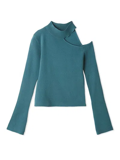 Snidel Asymmetrical High-neck Shoulder Knit Top In Blue