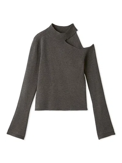 Snidel Asymmetrical High-neck Shoulder Knit Top In Gray