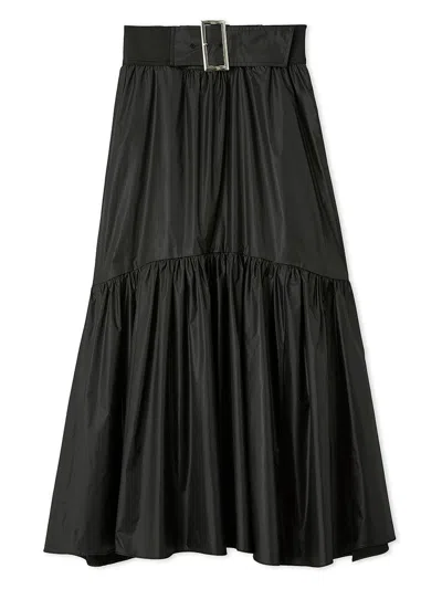 Snidel Belted Leather-like Gathered Flare Skirt In Black