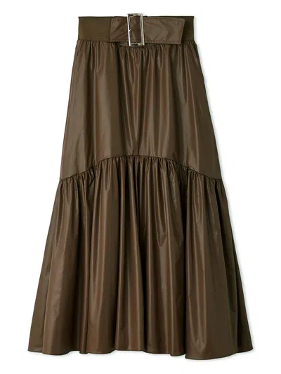 Snidel Belted Leather-like Gathered Flare Skirt In Brown